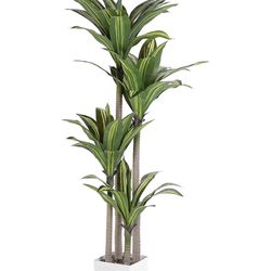 Artificial Dracaena Tree, 6FT Faux Tree with White Tall Planter, Fake Dracaena Plants Tropical Yucca Floor Plant in Pot