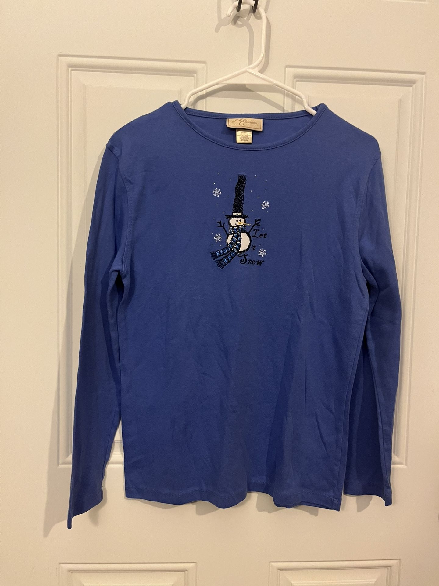 M&C Sportswear Women’s Medium Let It Snow Snowman Winter Blue Long Sleeve Shirt