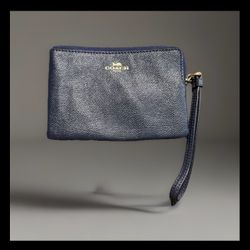 Coach Blue Solid Zip Wristlet Wallet Pouch w/ Logo & Wrist Strap