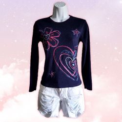 Girls' Navy Blue Long Sleeved Shirt with Printed Hearts Stars & Flowers 