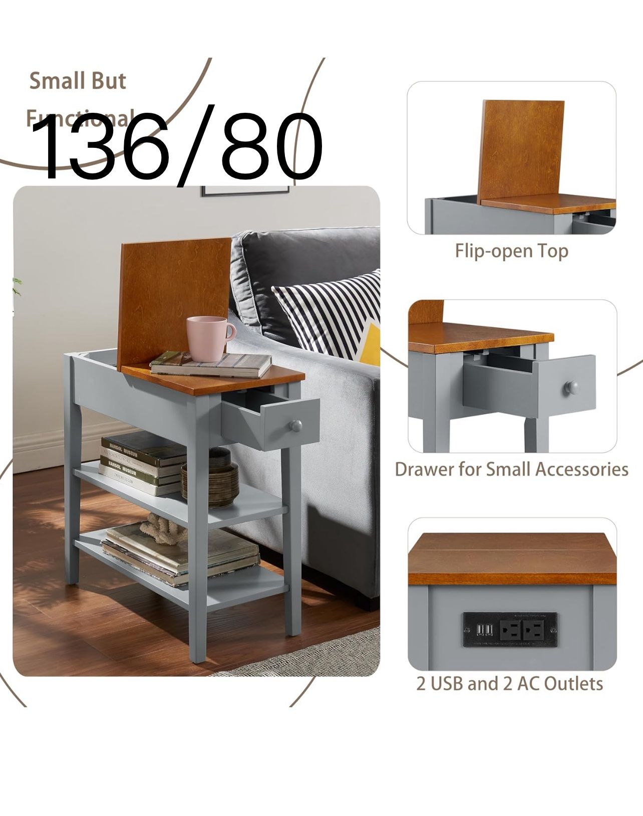 Narrow 2-Tone End Table with USB Charging Ports for Small Space, Solid Wood Table Legs, Gray and Walnut, 11.8" W*24" D*24.2" H