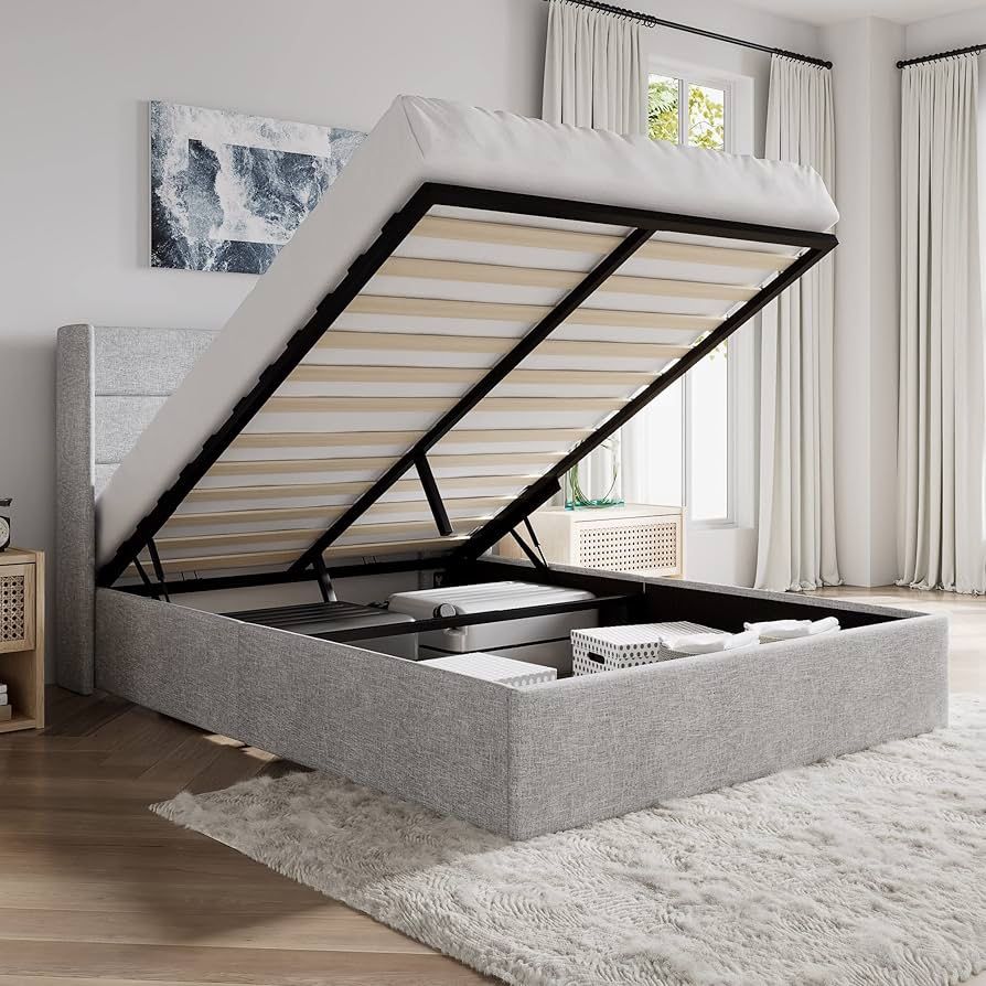 Full Size Lift Up Storage Bed/Modern Wingback Headboard/Upholstered Platform Bed Frame/Hydraulic Storage/No Box Spring Needed/Wood Slats Support/Light