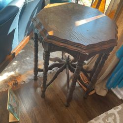 A Beautiful, Wooden, Old, Antique Side  Table With A Beautiful Design At The Bottom (NO SHIPPING) (30” Tall X 24” Wide)