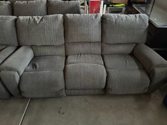 Free Blue Reclining Sofa, Loveseat, and single Recliner