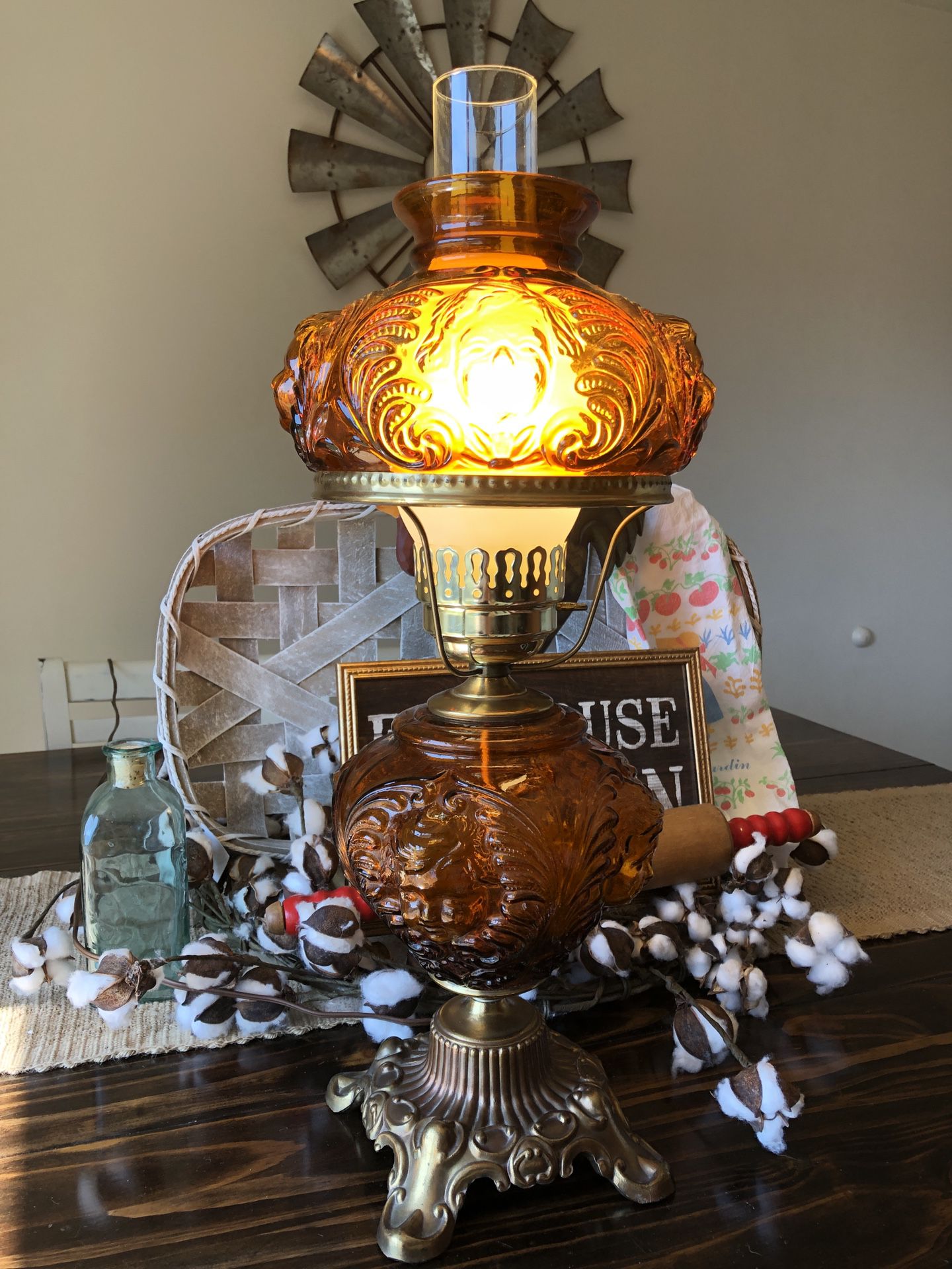 Antique Fenton Glass Cherub hurricane Lamp