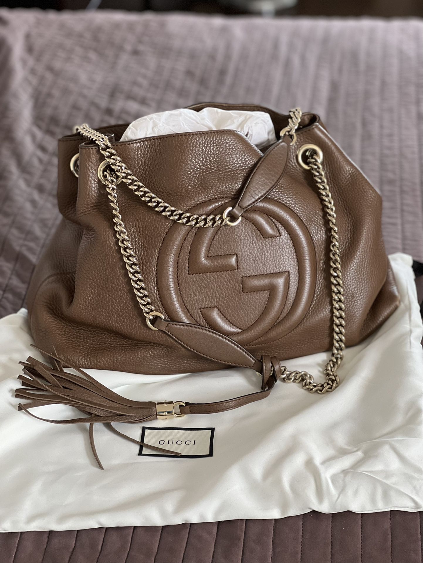 Gucci Brown Pebbled Leather Medium Soho Chain Tote