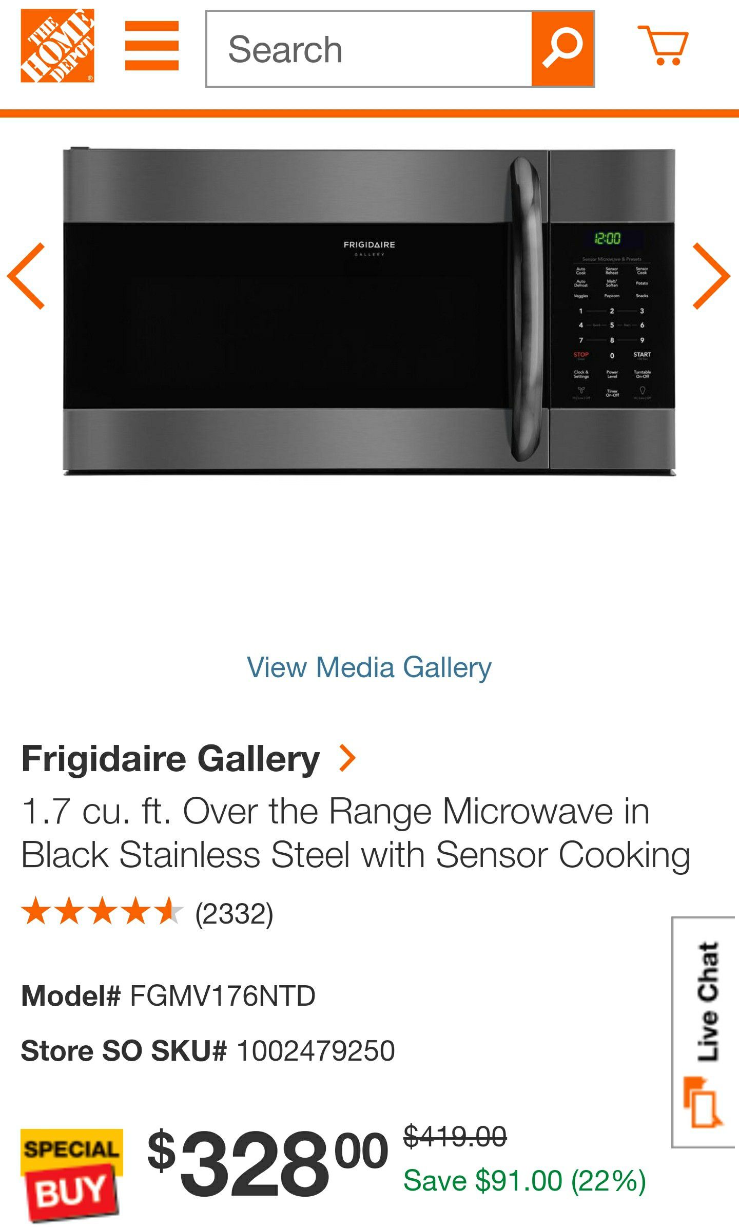 Frigidaire Gallery 1.7 cu. ft. Over the Range Microwave in Black Stainless Steel with Sensor Cooking BRAND NEW