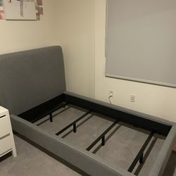 Dark Grey Upholstered Panel Twin Bed With Box Sprint And Slats 