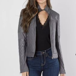 BKE Buckle Jacket Women's Small Gray Faux Leather Mesh Full Zip Long Sleeve