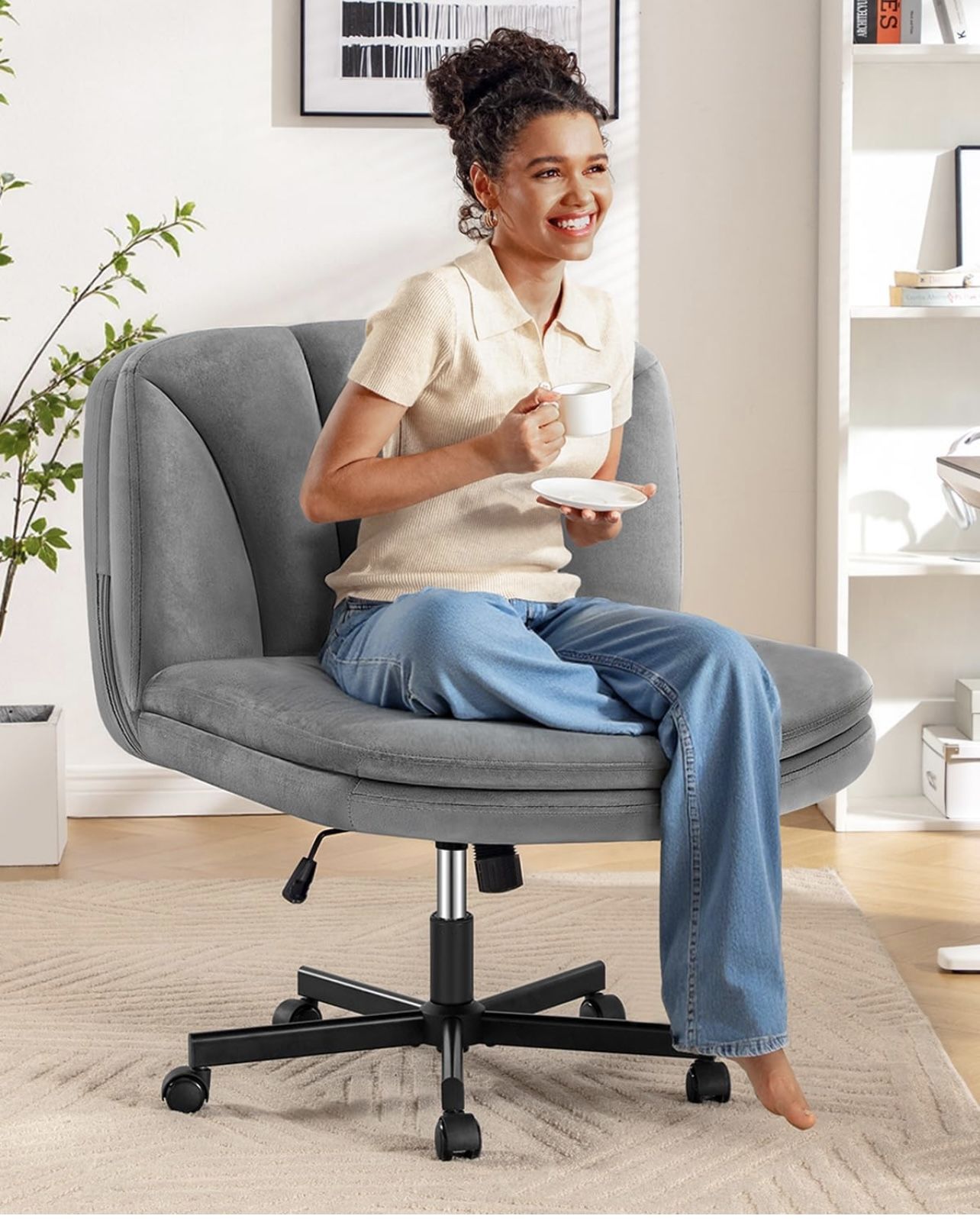 FelixKing Criss Cross Chair with Wheels, Cross Legged Office Chair, Armless Wide Vanity Desk Chair with 2 Layer Comfty Velvet & Back - Swivel for Home