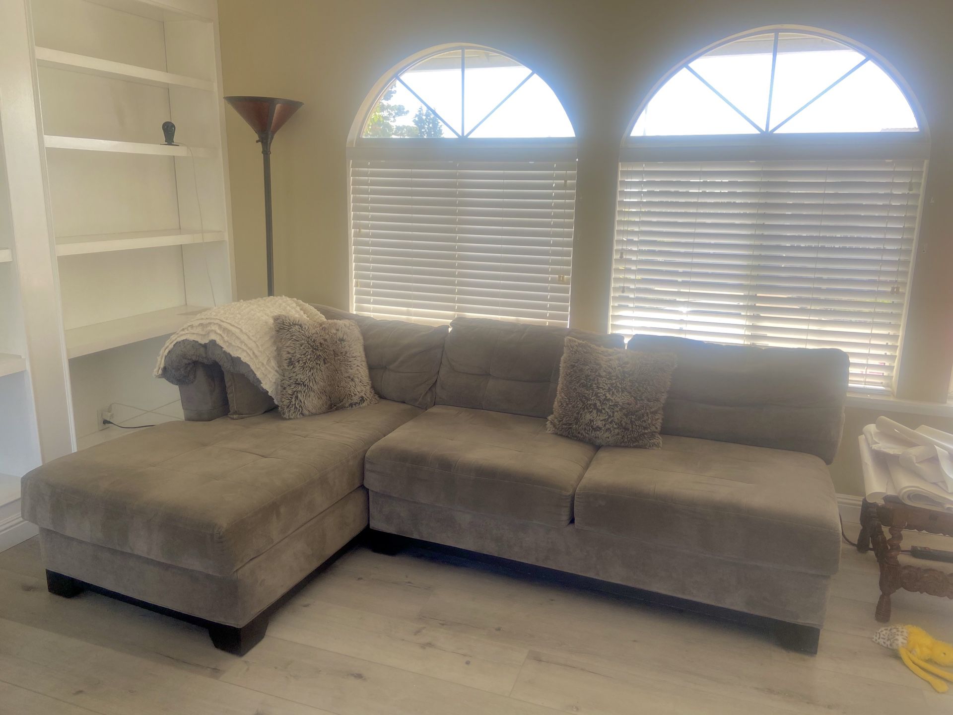 Free couches, 1 light grey micro-suede (sectional) w/ ottoman & one loveseat reclining couch