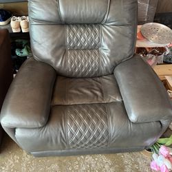 Grey Leather Recliner Like New And Brown Mocha Cloth Sofa In Very Good Condition 