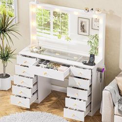 Vanity with Large Mirror and 10 LED Lights, Vanity Desk with Glasstop, 11 Drawers with Crystal Handles, Dressing Table with Power Outlet as Gift for W