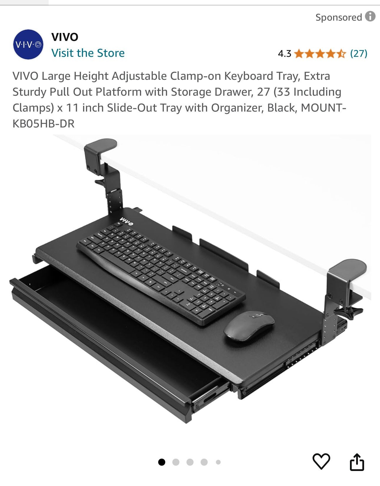 VIVO Large Height Adjustable Clamp-on Keyboard Tray