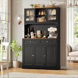 2 Drawer Kitchen Pantry Buffet Hutch, 71'' Freestanding Cupboard Storage Cabinet with Adjustable Shelves, Black