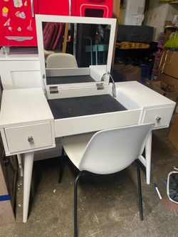 White Mid-Century Modern Vanity Desk with Flip-Top Mirror and chair ( 40 in L x 18 in wide x 30 in H