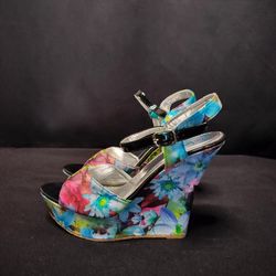 Women's Lena Luisa Ankle Strap Peep Toed Flower Pattern Wedges (Size 8.5)