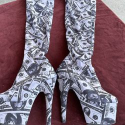 Pleaser 7" money print thigh high boots Size 7US