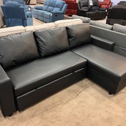 Black Leather Pull Out Sectional w/Storage 🔥BIG SALE🔥Everything is 50% OFF🔥