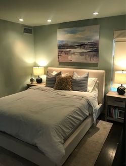 Free bed frame upholstered queen mid century modern beige