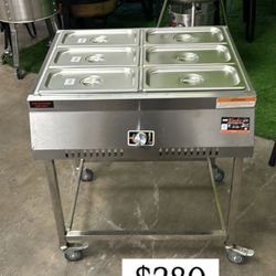 6 Container Outdoor Steam Table Food Warmer Cart | Bain Marie | 6 Standard 1/3 Pans (12" x 6" x 4") | 30 Quarts Total | Stainless Steel | Propane Powe