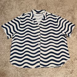 Uniqlo x Marimekko Wave Border Linen Short Sleeve Button Up Shirt Adult 2XL