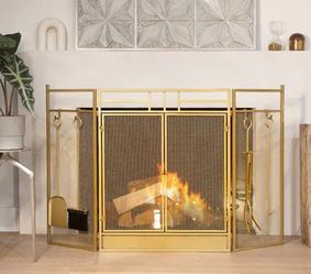 48 in. Fireplace Screen Gold 4-Panel Fire Spark Guard Hinged Doors with Fireplace Tools
New