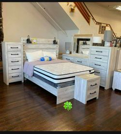 Whitewash Brand New Queen Panel Bedroom Set(Bed,Mirror,Dresser,Chest,Nightstand)💥 Showroom Available 👍Recamara🌟