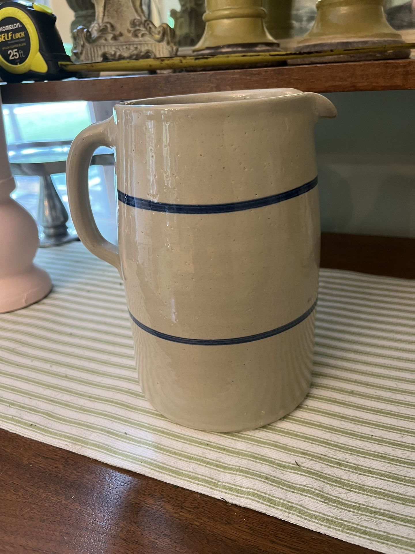 Vintage Antique Large Blue and White Stoneware Crock Pitcher