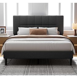 Queen Platform Bed – Upholstered Headboard, Sturdy Wood Slats, Grey