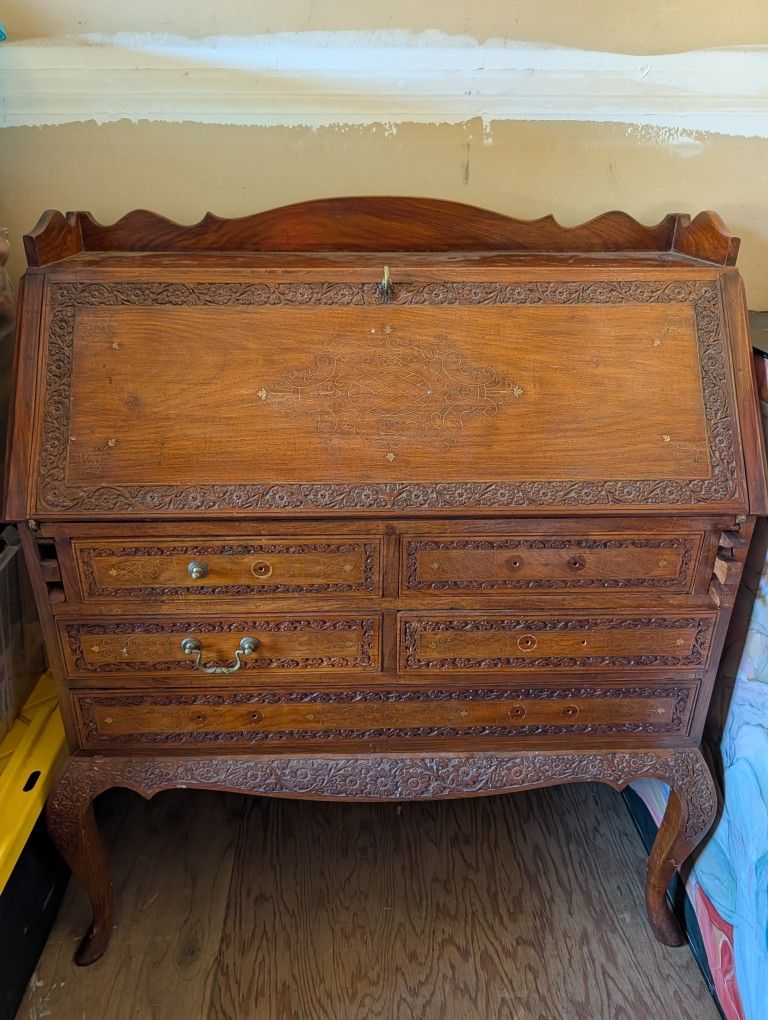 Victorian Parlour Secretary Desk Cherry Wood Brass Inlay