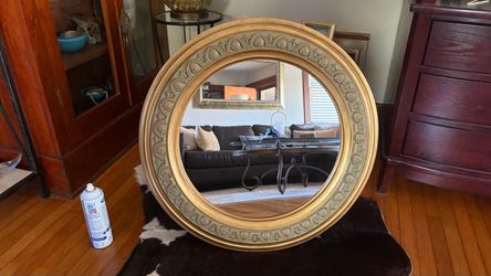 Large 31" Gold Ornate Round Mirror – Vintage Molded Plastic