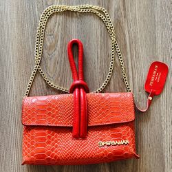 Authentic Persaman New York Red Crossbody Bag with Gold Hardware and Textured Finish