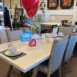 7pcs Dining Table W/Genuine Marble Top 