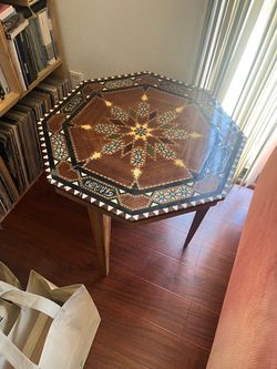 Syrian Mosaic Inlay Octagonal Wood Side Table