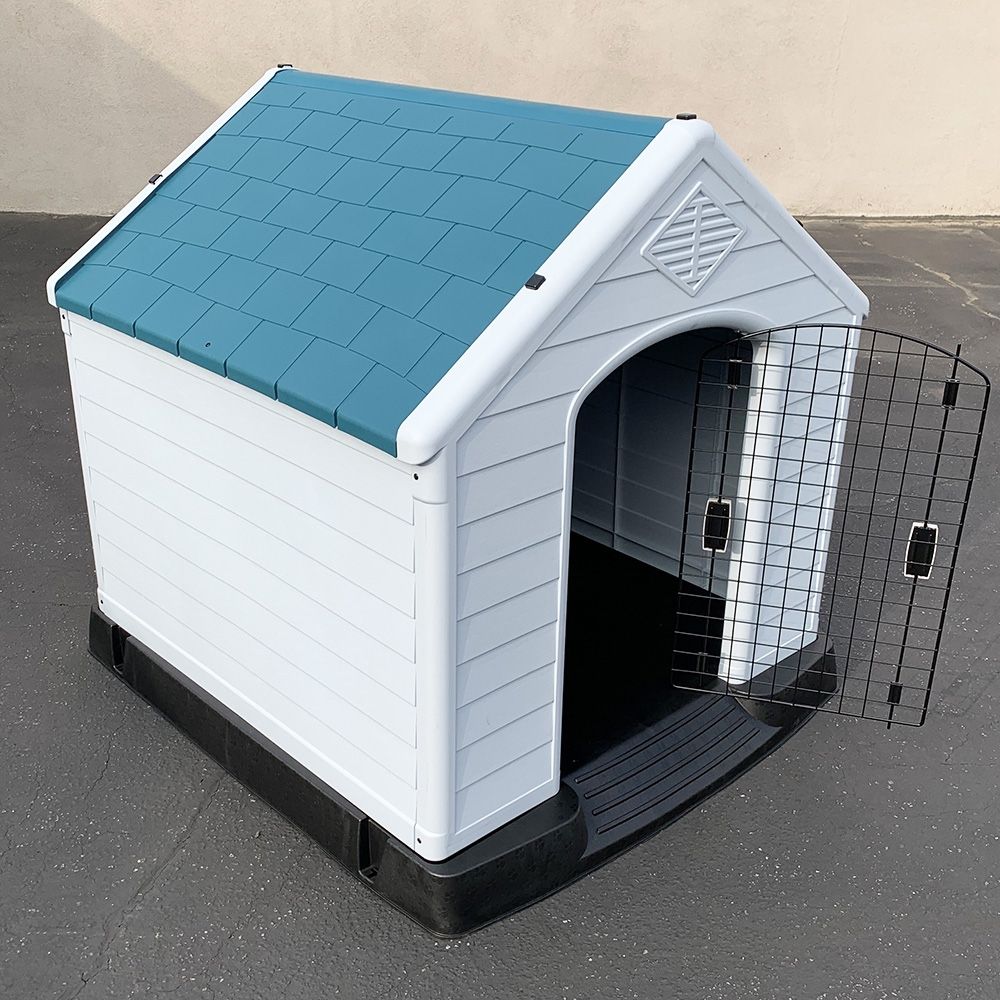 New in box $170 X-Large Plastic Dog House with Lock Door, Indoor Outdoor Pet Shelter Cage Kennel 42”x42”x45”