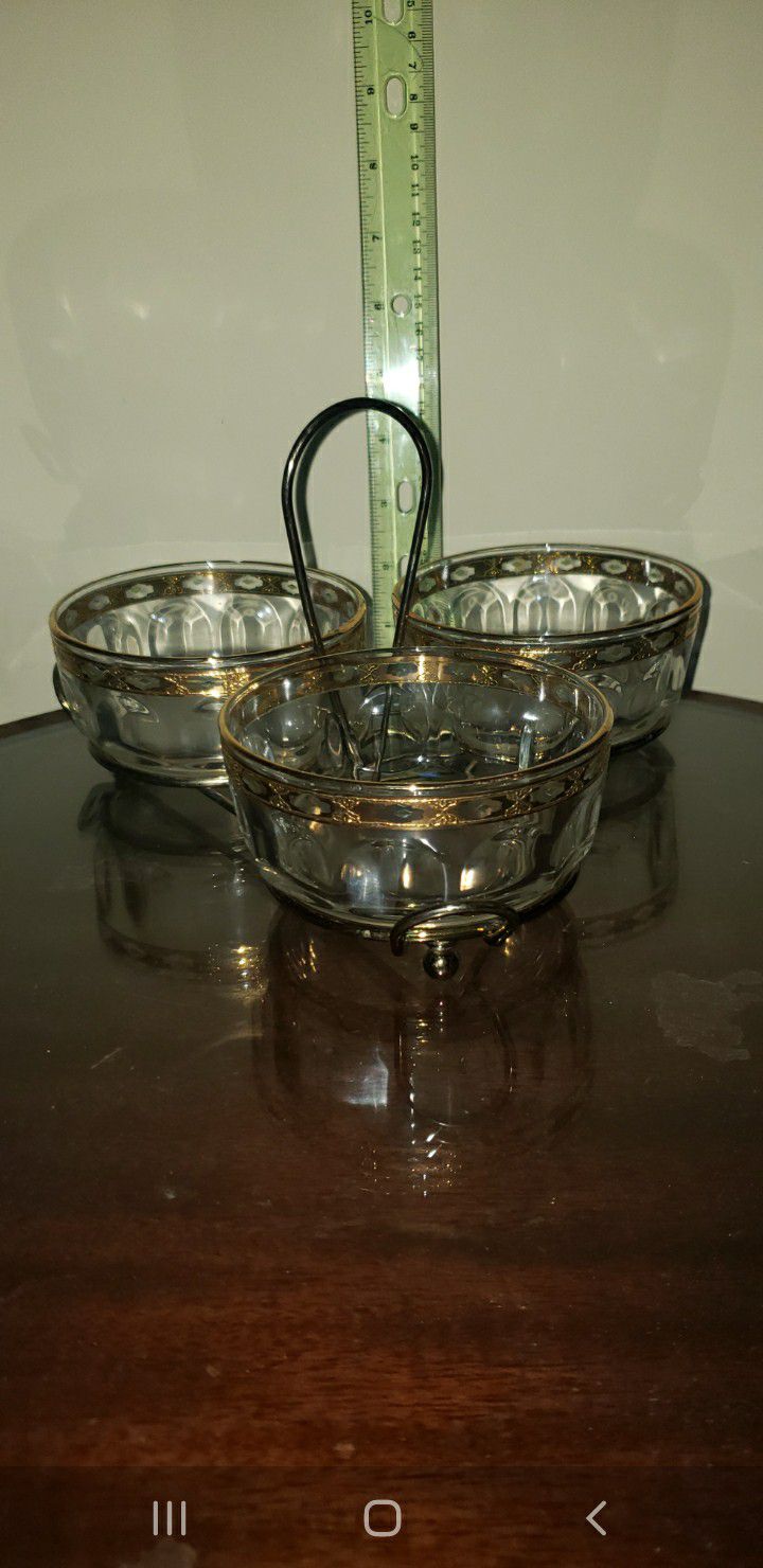 Vintage Arcoroc France Condiment Set Three Bowls And Holder Rare Set