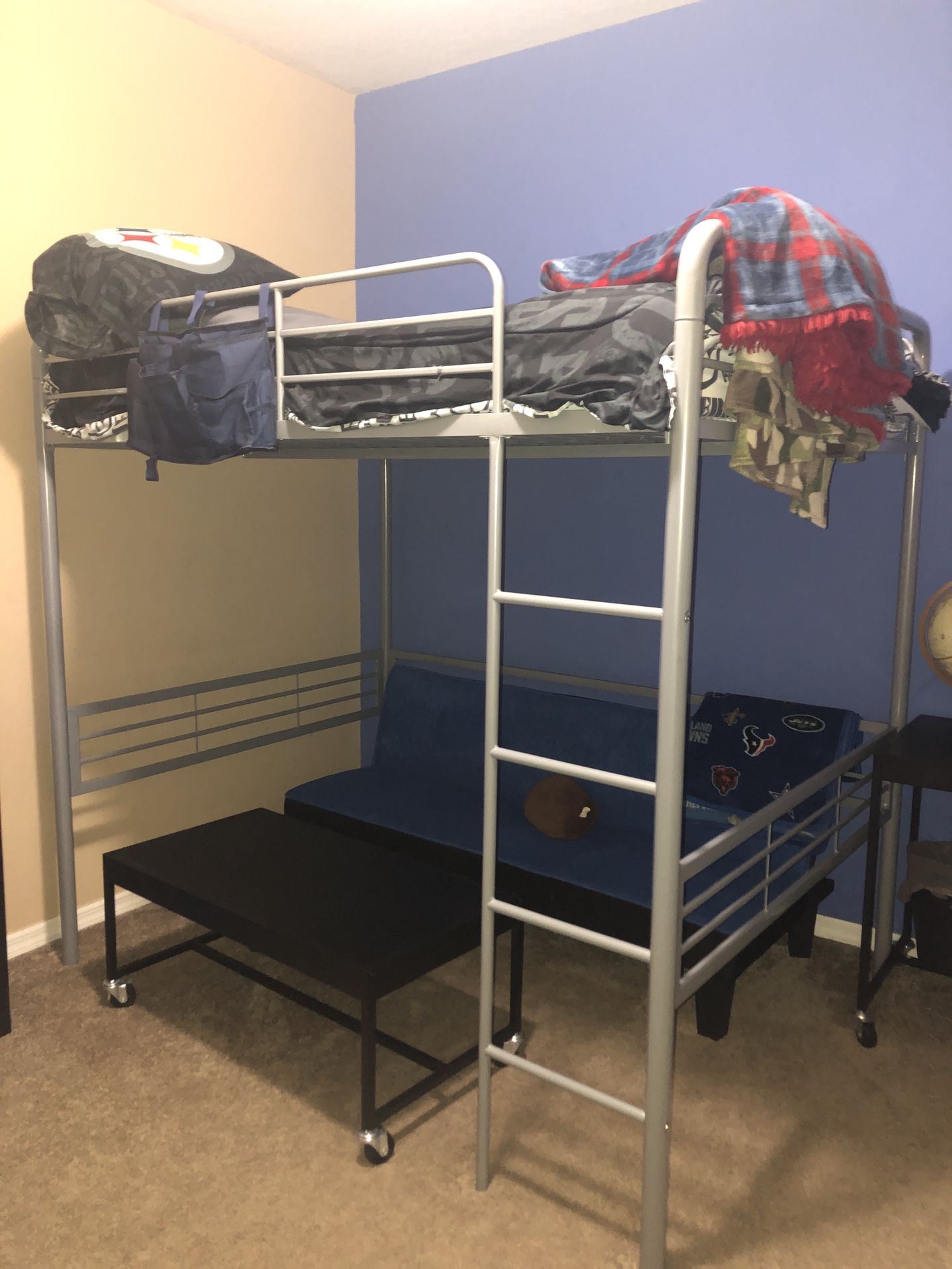 Full loft bunk bed with futon and coffee table