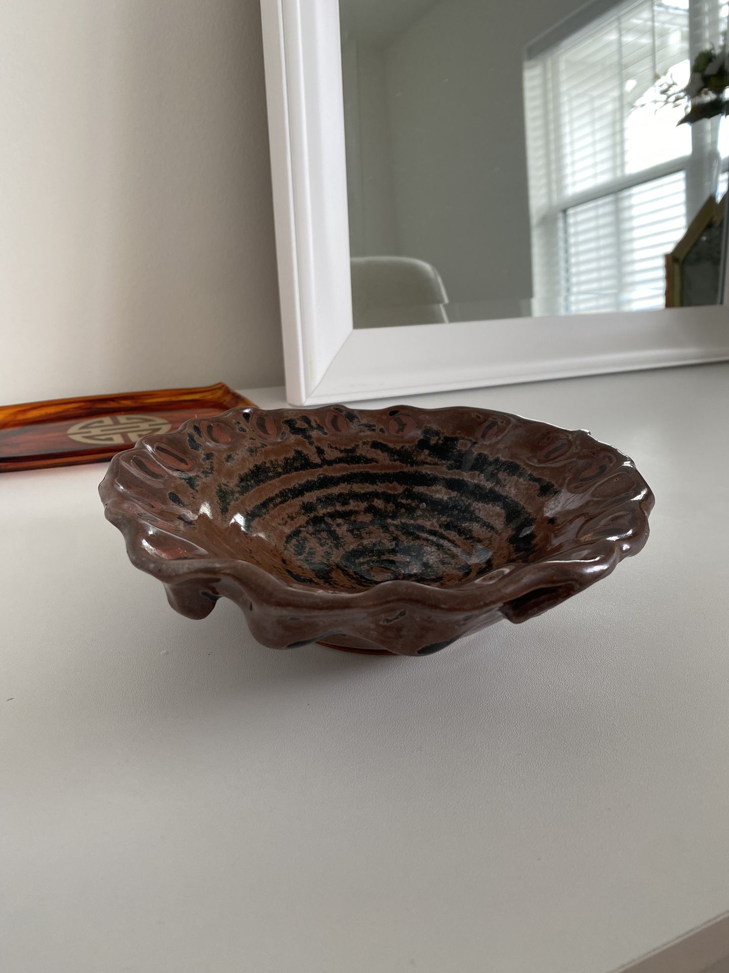 LFOs Signed Studio Art Pottery Red ware Earthenware Clay Ruffled Edge Plate Dish