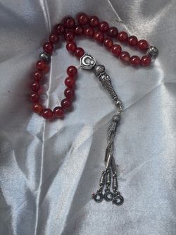 Red Carnelian Prayer Beads with Silver Tassel