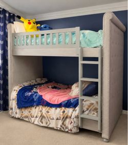 Pottery Barn Style Upholstered Twin-over-Twin Bunk Bed – Gray Wood & Purple-Gray Tufted Fabric