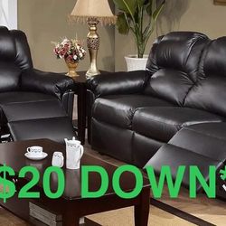 New Black Leather Recliner Sofa Set (Finance and Delivery)