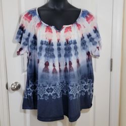 One World Live and Let Live Women's 3X Tie Dye Medallion Top Blue White Coral Pl