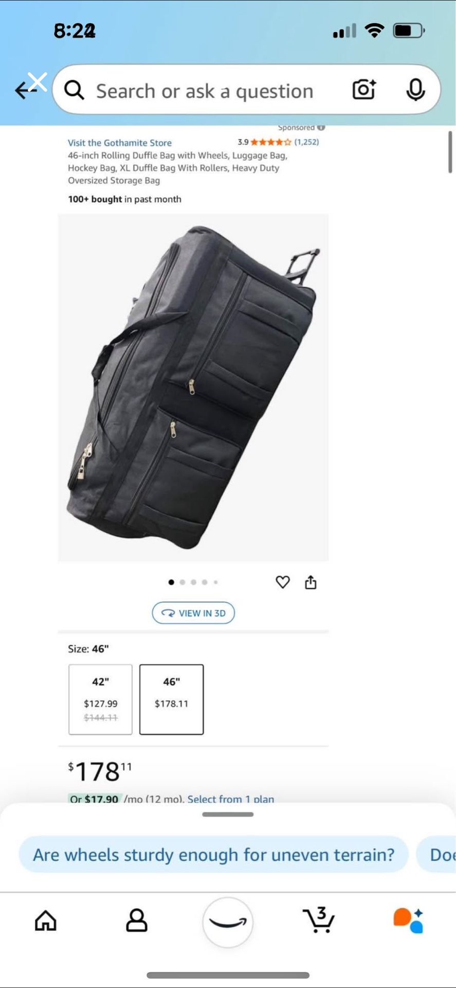 46 Inch Gothamite Rolling duffel bag