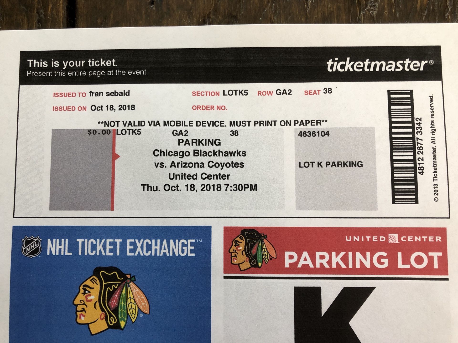 Blackhawks parking pass