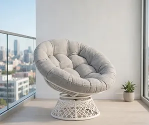 Swivel Papasan Chair - White Frame with Silver Gray Cushion - Brand New - M21C