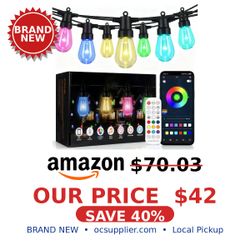 50FT RGBW Outdoor String Lights with App & Remote Control, ST14 Bulbs - Brand New