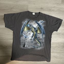 Vintage Y2K DOM Dragon Lightning Castle Graphic Art Gray Shirt- Size XL