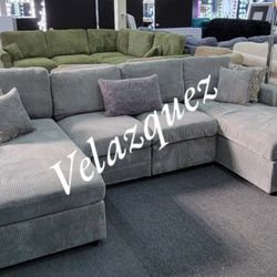 ✅️✅️4 pc fog grey corduroy fabric sectional sofa with double chaise✅️✅️✅️