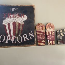 Home Theater Wall Art Decor – 4 Piece Movie Theater / Popcorn Set